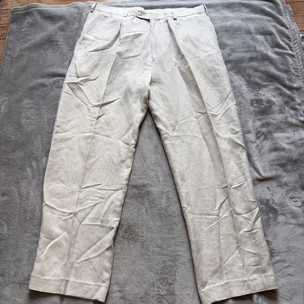 Cubavera Mens Linen Blend Beige Pants Size‎ 36/32 (36x30) Pleated Front Zip Fly